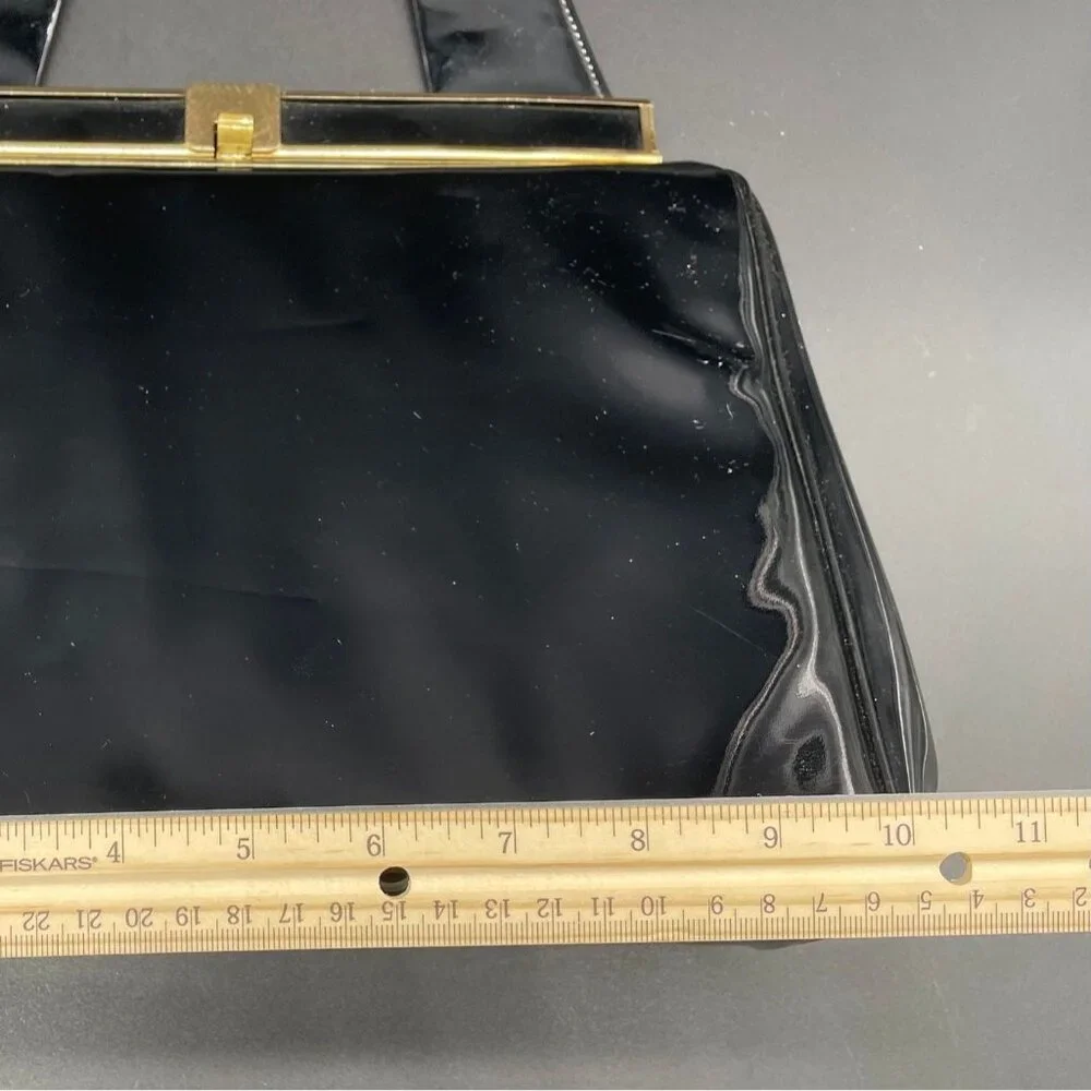 Vintage Black Patent Leather Handbag Gold Tone Memphis Cotton Carnival 1965 Card - Picture 10 of 10